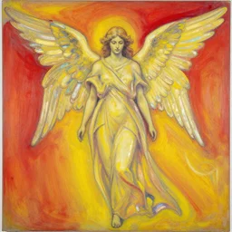 goddess angel of tranquility by cy Twombly and BASTIEN LECOUFFE DEHARME, red and yellow, iridescent, volumetric lighting