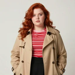 a portrait of a chubby redhead girl, one side soft curl, wearing a trench coat, a red striped shirt and black skirt, 8 k, trending