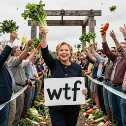 hillary clinton being led to the gallows, people are throwing vegetables, she is holding a sign that reads wtf,