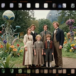 sharp, highly detailed, 43456k film, 321800mm film still from a sci fi blockbuster color movie made in 2019, set in 1860, of a family standing in a park, next to some strange alien plants and flowers, on an alien planet, the family are all wearing 1860s era clothes, good lighting, ultra high definition, in focus, 35mm macro lens