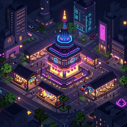 fantastic lighting, pixel art, high detail , 16 bits, cyberpunk market, isometric