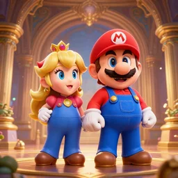 mario and peach, fairy tale, stunning, surrounding cinematic light, hyper detailed, ornate and intricate, 4 k cinematic octane render