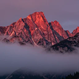 1 9 2 0 s color spirit photography 0 9 9 9 2 9 9 of alpine sunrise in the dolomites, red lit mountains, fog, by william hope, beautiful, dreamy, grainy