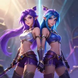 star guardian xayah and star guardian kai'sa are friends, league of legends, by weta digital, 3 - dimensional, photograph, hyper relealistic, rays of shimmering light