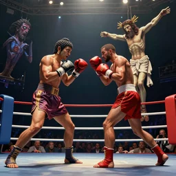 gautama buddha boxing with jesus christ in a boxing match, ultra detailed, hyper realistic, wide shot, by beksinski, giger, greg rutkowski, trending on artstation, deviantart, digital art, masterpiece, photorealism