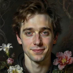 facial portrait of a young Steve Buscemi, delicate, looking at camera, slightly awkward smile, realistic face, grimdark fantasy, flowers, extremely detailed painting inspired by Gerald Brom and Ernst Haeckel and Kaluta