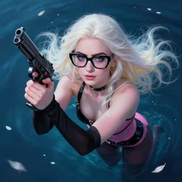 abeautiful + blonde + dragon queen + white hair + cool black glasses + holding pistol + tights + lily collins + black pink, floating under the deep dream water, beautiful smooth soft light + white petal, oil paint, cinematic lighting, octane render, unreal engine 5, closeup, 4 k, highly detailed, instagram,