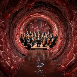 ultra wide, a symphony orchestra inside middle of dark slimy water slide tube, the walls are made of red meat, the floor is flooded, by craig mullins, ilya repin