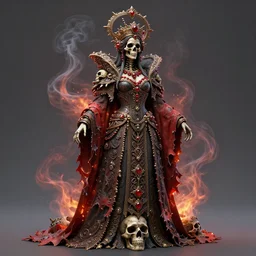 a beautiful detailed 3d matte painting of female empress of the dead, by ellen jewett, by tomasz alen kopera, by Justin Gerard, ominous, magical realism, texture, intricate, ornate, royally decorated, skull, skeleton, whirling smoke, embers, red adornements, red torn fabric, radiant colors, fantasy, trending on artstation, volumetric lighting, micro details, 3d sculpture, ray tracing, 8k