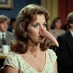 1974 woman on a talk show show with a long prosthetic snout nose, big nostrils, wearing a dress, 1974 French film color archival footage technicolor film expired film 16mm Fellini new wave John Waters Russ Meyer movie still