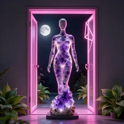 beautiful mannequin sculpted out of amethyst by billelis + lit with 3 d geometric neon + doorway opening with neon pink geometric light + hosta flowers!!!, moon in background!!!!!!, rule of thirds, clean linework, dramatic, award winning, 4 k, trending on artstation, photorealistic, volumetric lighting, octane render
