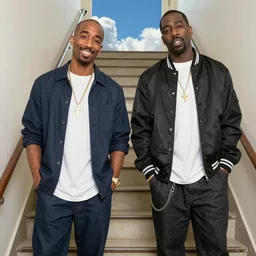 Snapshot of smiling Tupac and Biggie on the staircase to Heaven