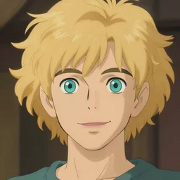 young man with medium - length, curly, golden hair, perfectly proportioned face, aquamarine and big eyes, sweet smile, natural lighting, path traced, highly detailed, high quality, cartoon, digital painting, by new haicheng and studio ghibli