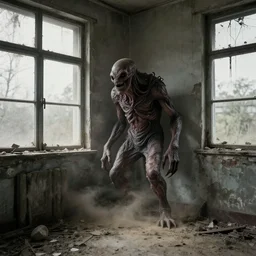 faded color photograph of a mutant hunchback creature lurking in the corner of a room in an abandoned building, dirty windows, debris, tentacle beast, dust, bleak apocalyptic style, creepypasta, ominous vibe, sharp fangs
