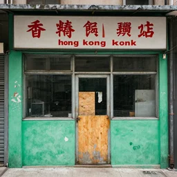 an abandoned pawn shop in hong kong, with a green mural and a sign saying hong kong pawn. there is a door that is boarded up and the glass windows.