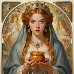 Anya Taylor Joy holding up a pot of argentinian dulce de leche with her hands as Holy Marie, cute, fantasy, intricate, elegant, highly detailed, digital painting, 4k, HDR, concept art, detailed jewelry, smooth, sharp focus, illustration, art by Artgerm and H R Giger and Greg Rutkowski and Alphonse Mucha