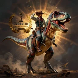 a t-rex mounted by a cowboy