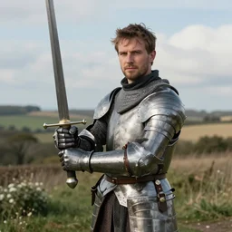 full frame portrait of a knight holding up is sword, countryside, daytime, beautfull portrait by john everett,