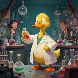 anthropomorphic duck as a mad scientist, lab coat, mixing potions in a chaotic chemistry lab, by leesha hannigan and ignacio fernandez rios, intricate, detailed, madcap, artstation, cinematic,