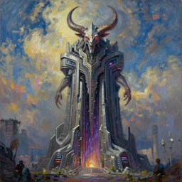 a cyberpunk art deco monument to moloch by greg rutkowski and claude monet, unreal engine 4, oil on canvas