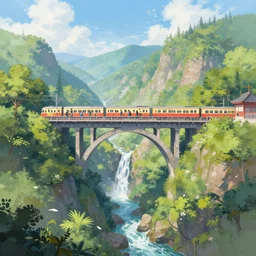 a beautiful digital painting of train bridge, waterfall, lovely valley by stanley artgerm lau, giancola, rossdraws, james jean, gerald brom, andrei riabovitchev, marc simonetti, and sakimichan, trending on artstation