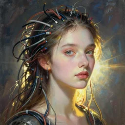 pure evil lain with hundreds of wires coming out of her head, portrait, painting