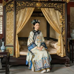 the ornate bedchamber of a chinese princess, with screens and silks, by frederic leighton