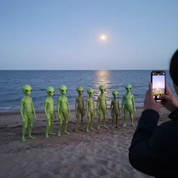 a group of humanoid aliens standing on a beach at baltic sea, early evening, dim light, moon reflects on the water, photo quickly taken by someone passing by with an iphone, candid photo, spooky, wide shot, detailed