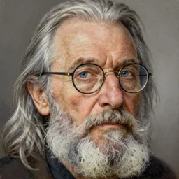face portrait of a very old man with long silver hair and beard and light blue eyes, half - moon spectacles and a long crooked nose, highly detailed, painting