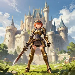 anime girl with steampunk armor and weapons posing in front of a massive castle, finely detailed, epic, cinematic lighting, beautiful, clouds, sky, sunny, grass, trees, sharp focus, anime, full body portrait,