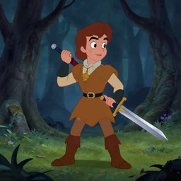 a young squire carries a sword across a spooky forest. cel from sword in the stone disney cartoon. celluloid don bluth animation. trending on artstation.
