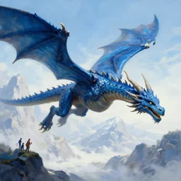 huge blue dragon in flight by plutus su and chris scalf and lucas graciano and billy christian and alex konstad and mark zug, mountains, blue and white color palette, painting, d & d, fantasy, detailed, realistic, complimentary colors, light, artstation, cinematic, dramatic lighting, close up