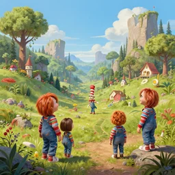 beguiling epic stunning beautiful insanely detailed landscape matte painting of chucky designed by dr seuss and michal karcz, by cyril rolando and asher durand and natalie shau, whimsical, intricate