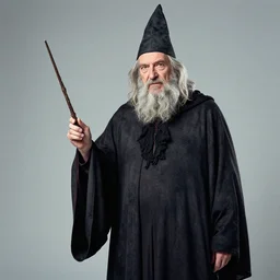 richard stallman but dressed as a wizard with a wand in its hand