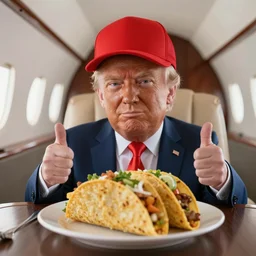 3 d render portrait of tiny donald trump wearing a red trucker cap sitting giving two thumbs up behind a big taco bowl in a private jet, 4 k, 8 k, hd, high resolution, highly detailed, intricate detail, ultra realistic faces, digital art, trending on artstation, octane render, tilt shift, bokeh