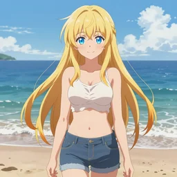 a very beautiful anime girl, full body, long golden hair, sky blue eyes, full round face, short smile, short jeans, cute top, beach setting, cinematic lighting, medium shot, mid-shot, highly detailed, trending on Artstation, Unreal Engine 4k, cinematic wallpaper by Stanley Artgerm Lau, WLOP, Rossdraws, James Jean, Andrei Riabovitchev, Marc Simonetti, and Sakimichan
