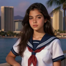 Italian Mexican teen female wearing a navy and white Japanese school uniform, posing in Waikiki, sigma female, portrait art by alphonse mucha and greg rutkowski, highly detailed, digital painting, concept art, illustration, dim lighting with twilight rays of sunlight, trending on artstation, very detailed, smooth, sharp focus, octane render, close up