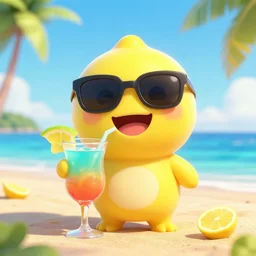 very very very octane render of a smiling grinning happy chibi yellow!!!!! lemon!!!!! head!!!!! with no body sipping on a delicous caribbean drink wearing sunglasses relaxing on a tropical beach at sunrise