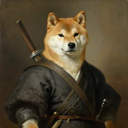 man with shiba inu mask as warrior, painted by Rembrandt