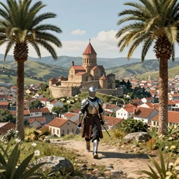 a knight crossing the city of armenia quindio landscape, with wax palms, concept art for a dark souls game, concept art, 4 k, video game art, trending on artstation