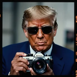 portrait of donald trump as a black man, durag and sunglasses looking intensely at the camera, taken by steve mccurry, kodachrome 6 4 color slide film, with a nikon fm 2 camera and nikkor 1 0 5 mm ai - s f 2. 5 lens