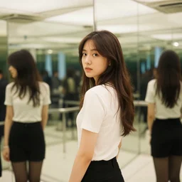 a girl standing in a room of mirrors looking back slightly