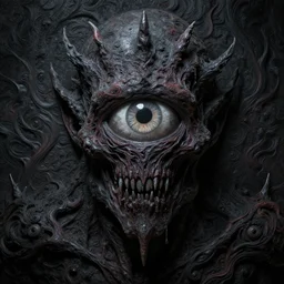 dark fantasy, 4 k, textured 3 d, intense detail, dark psychedelic, one eye in center of hideous monster, amazing background, alex grey style