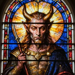 Regal portrait of the Devil, stunning stained glass window by Hieronymus Bosch. It is very representative of the style of Bosch