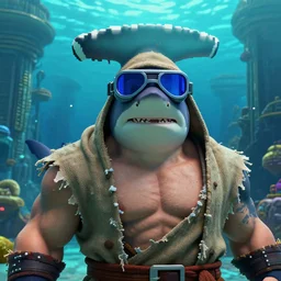full - face close - up portrait, muscular street shark humanoid hammerhead shark wearing a tattered cloth robe and goggles by bruce brenneise and peter mohrbacher, deep underwater in the lost city of atlantis ancient ruins in the background, 3 d render, neosurrealism. digital concept art, pixel art, rendered in octane, trending on cgsociety, trending on artstation