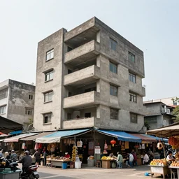 exterior shot of a brutalist concrete house in the middle of a busy asian market
