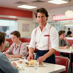 a 1950’s American diner. All the customers are former celebrities. Tom cruise is a waitress. Digital art, 8K
