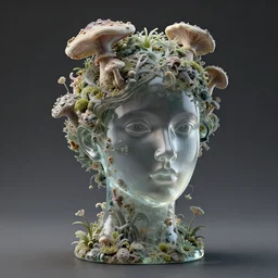 completely translucent glass head of a woman, 3 d octane render, high resolution, fine details, the head is covered in ornate mushrooms, fungus, and weeds, by daniel arsham and james jean