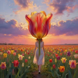 large tulip as a face, girl walking in a flower field, surreal photography, sunrise dramatic light, impressionist painting, colorful clouds, digital painting, artstation, simon stalenhag, flower face