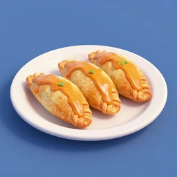 concept art full view of a plate with three delicious turnovers with pumpkin glazing in the style of pixar and coco, octane render, cinema 4 d, isometric, farmville